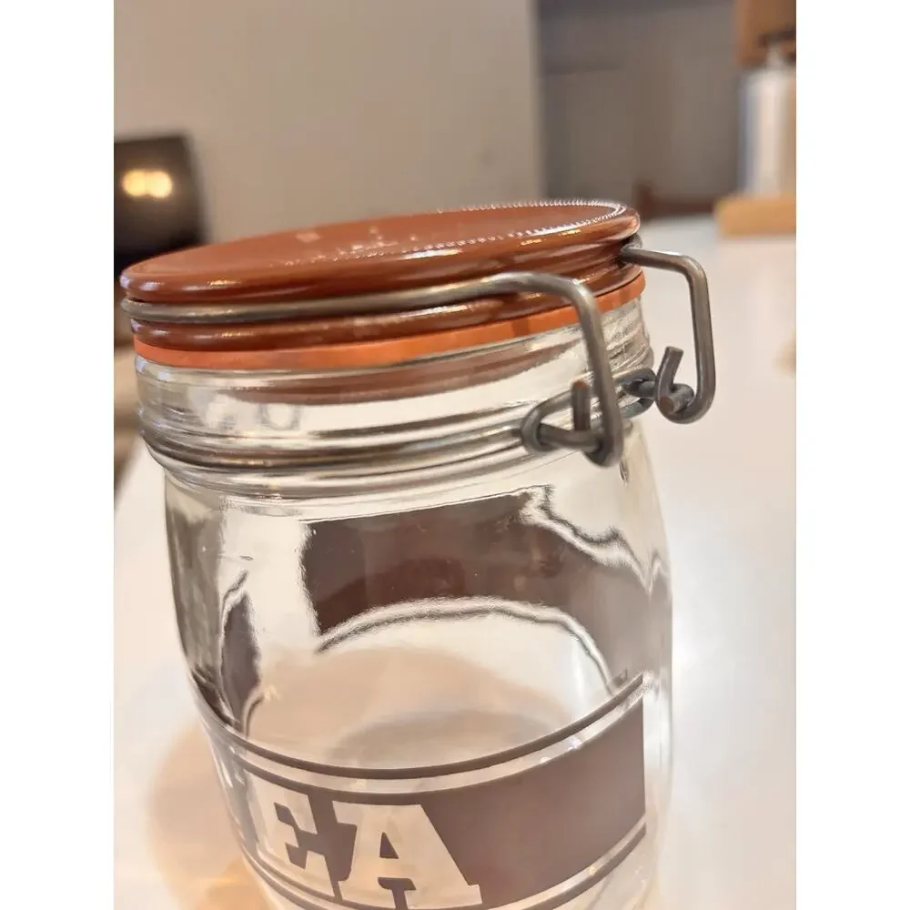 Vintage 1970’s Triomphe Tea Brown Stripe Canister Jar Glass Storage MCM 3/4L